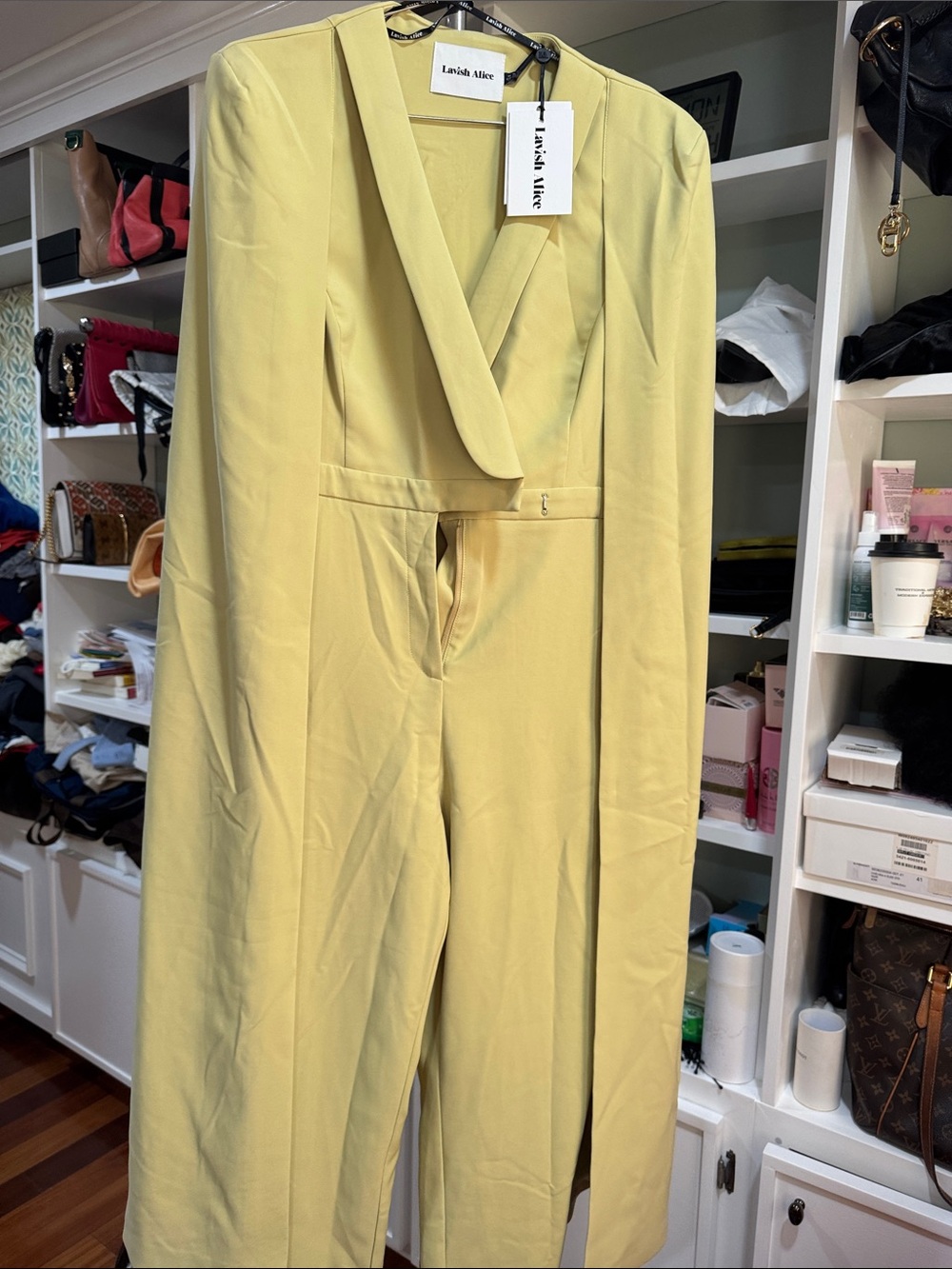 Lavish Alice Pale Yellow Tailored cape Jumpsuit with Shawl Collar